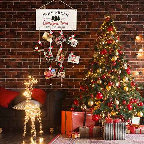 Christmas Card Holder Farm Fresh Wall Hanging Card Display Picture Holder with 30pcs Snowflake Wooden Clips for DIY Christmas Cards Photos Craft Home Office Wall Decor