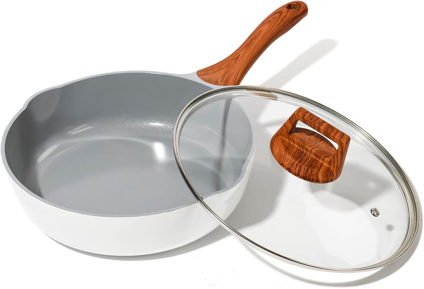 Skiennix Nonstick Frying Pan - 10.2-Inch Ceramic Skillet with Lid & Pour Spout | PFOA-Free, Induction Compatible (White)