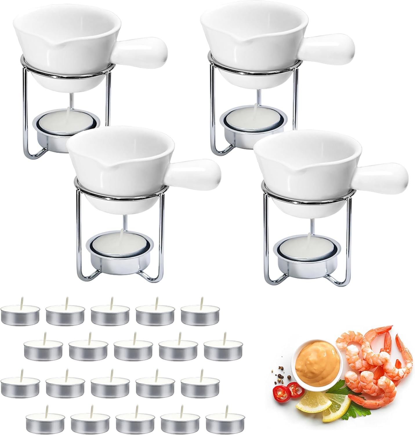 4Pcs Fondue Pot Set for Chocolate Butter Cheese, 5oz Butter Warmer for Seafood with 20 Tealight, Ceramic Bowl Oven Microware Dishwasher Safe,Perfect for family dip Fruit,Dessert,Snack