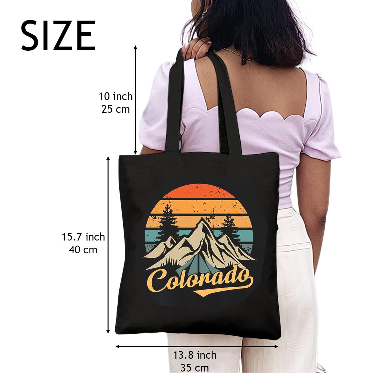 Hiking Camping Canvas Tote Bag for Women Colorado Mountain Shopping Bag Eco-Friendly Reusable Grocery Bag Black