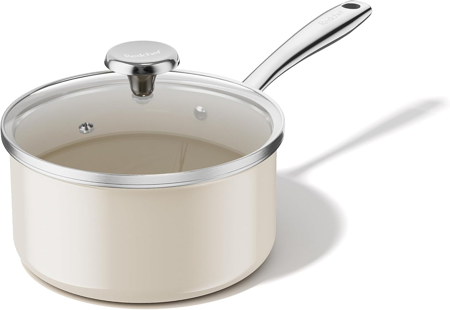 Redchef Ceramic Sauce Pan - 2.5QT Nonstick Cooking Pot with Lid & Stay-Cool Handle | Beige, PTFE & PFOA Free