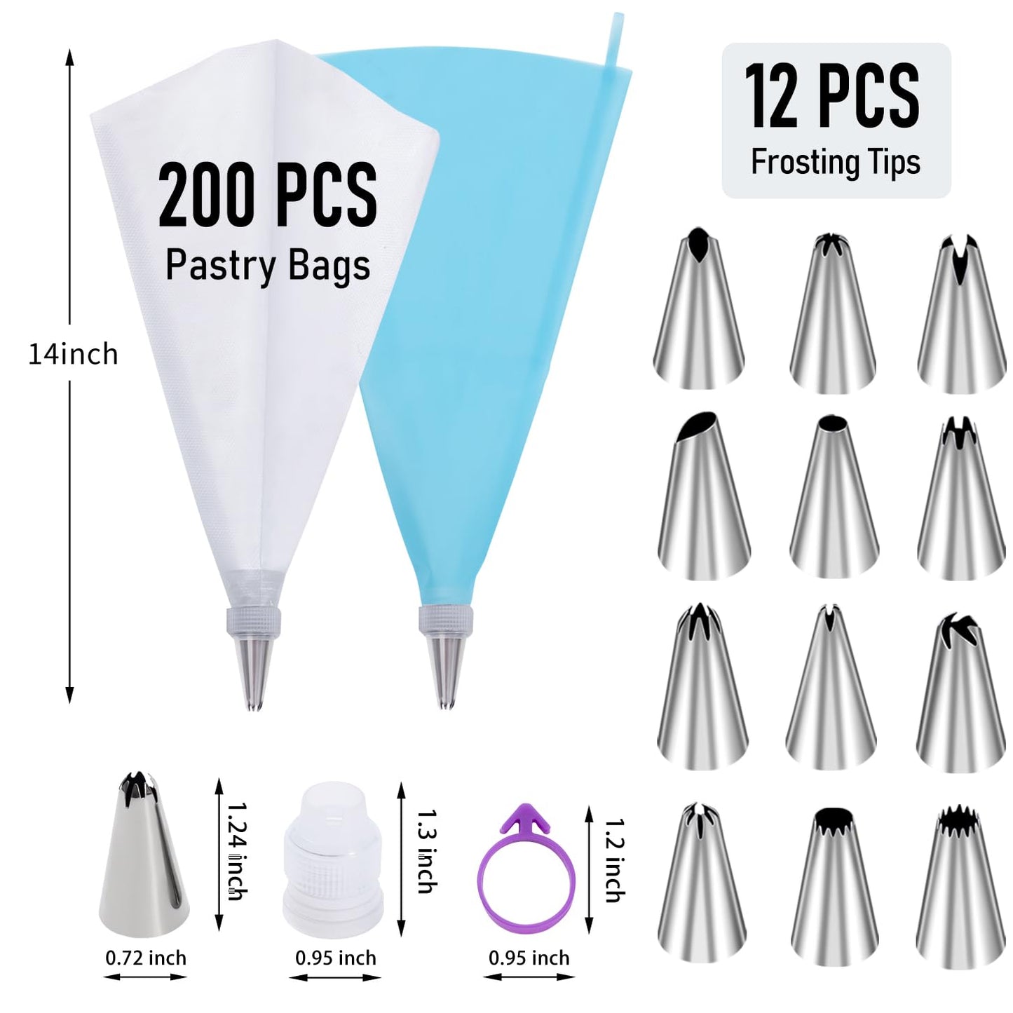 200Pcs Piping Bags and Tips Set, 12 Inch Pastry Bags, Cakes Decorating Kit Supplies, Icing Bags Disposable with 1 Reusable Piping Bags, 12 Frosting Tips, 2 Couplers, 2 Bag Ties