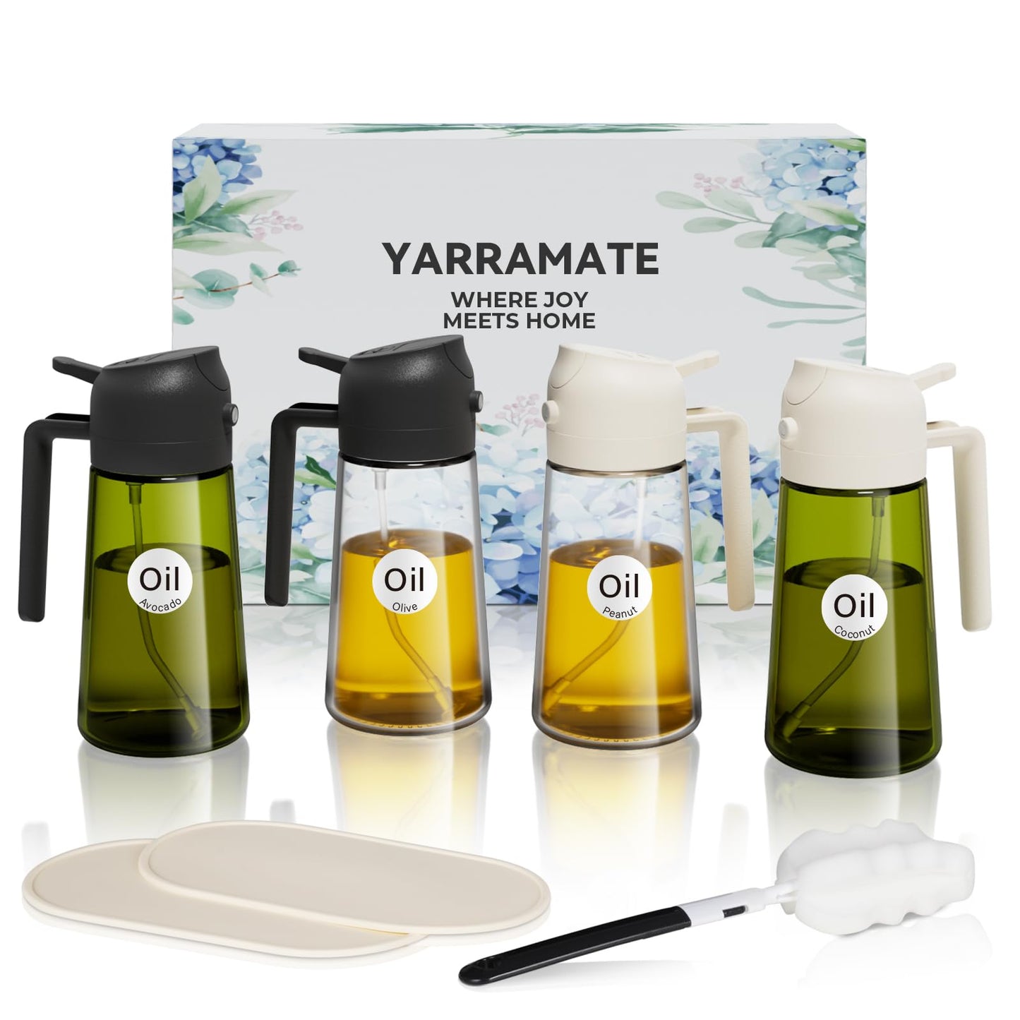 YARRAMATE 4Pcs 16oz/470ml Glass Olive Oil Sprayer Set with Stickers, Kitchen Gadgets, Including 2Pcs Non-Slip Bottle Mat, Cleaning Brush-Aesthetic Ideal Kitchen Gift