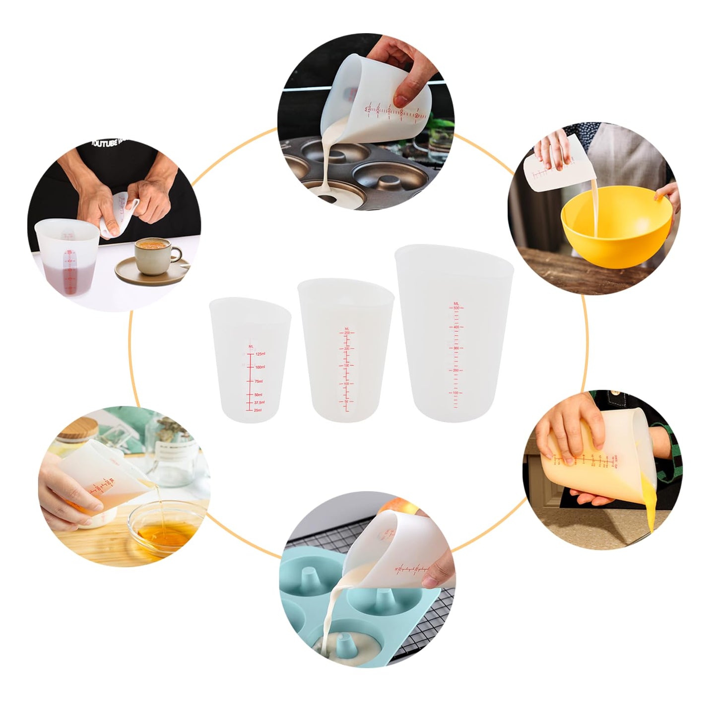 Set of 3 Silicone Flexible Measuring Cups with Marking, 2 Cup&1 Cup&1/2 Cup,Squeeze and Pour Silicone Measuring Cup with Marking For epoxy resin, butter, chocolate, etc.