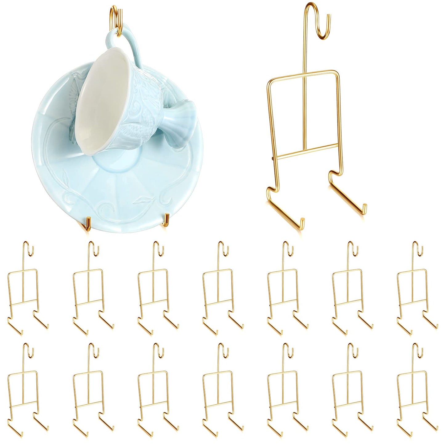 Suclain 16 Pcs Small Tea Cup and Saucer Display Stand Holder Rack China Metal Cup Saucer Holder Display Shelf Coffee Mug Organizer for Plate Teapot