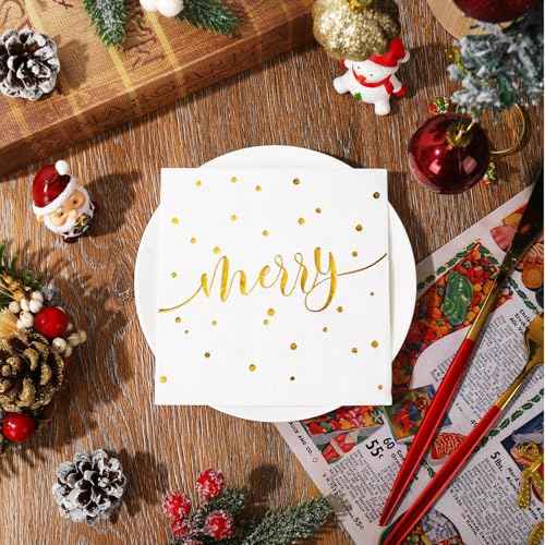 50Pcs Merry Christmas Cocktail Napkin Gold Foil Polka Dots Disposable Paper Napkin Xmas Winter Beverage Napkin for Party Table Decor