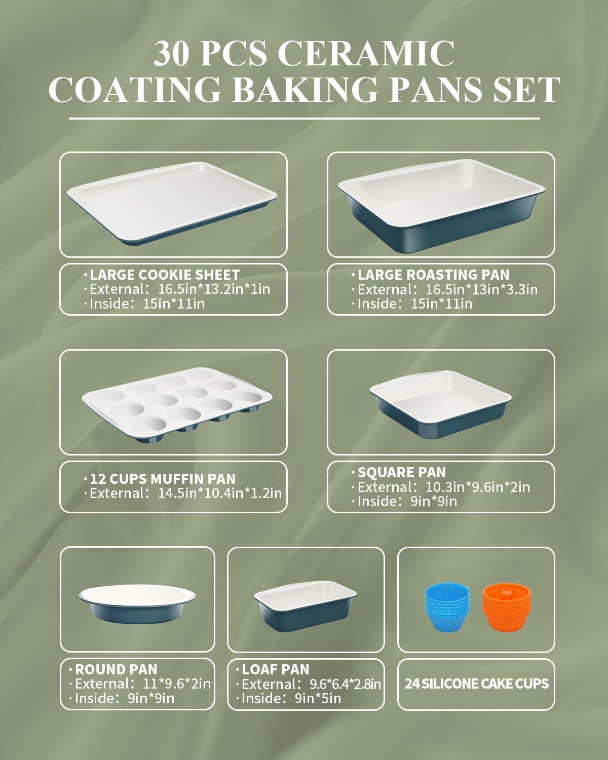 Skiennix Ceramic Nonstick Baking Pans Set - 30 PCS Stackable Bakeware, 550°F Oven Safe, Dishwasher Safe, Blue