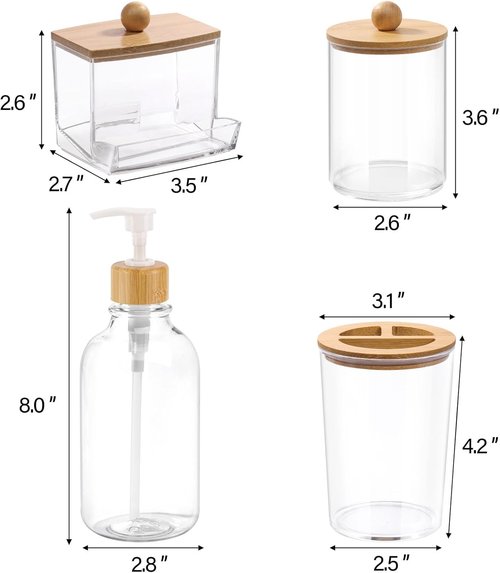 Bamboo Bathroom Accessories Set - 4-Piece Collection with Clear Toothbrush Holder & Soap Dispenser
