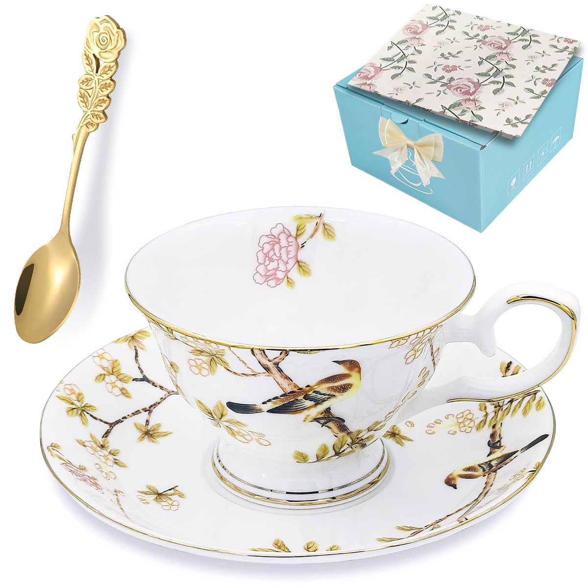 Keofoskv Tea Cups and Saucers, 7.5 OZ Floral Bone China Coffee Cup Set with Spoon, Vintage Garden Teacups with Gold Trim, Tea Cups in a Reusable Handmade Gift Box with Ribbon (Bourbon Rose 2)