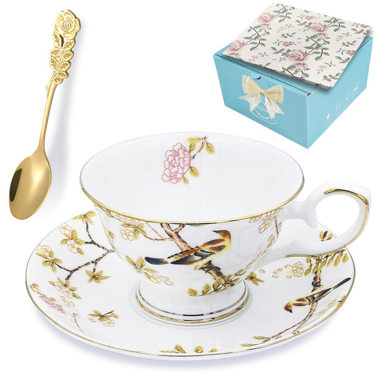 Keofoskv Tea Cups and Saucers, 7.5 OZ Floral Bone China Coffee Cup Set with Spoon, Vintage Garden Teacups with Gold Trim, Tea Cups in a Reusable Handmade Gift Box with Ribbon (Bourbon Rose 2)