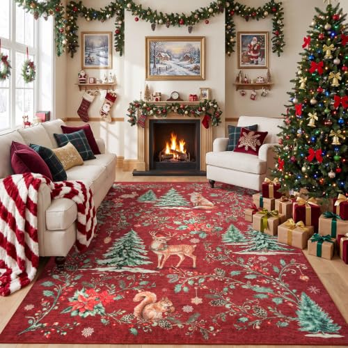 Rugflix 5x7 Red Christmas Area Rug - Washable Non-Slip Holiday Decor