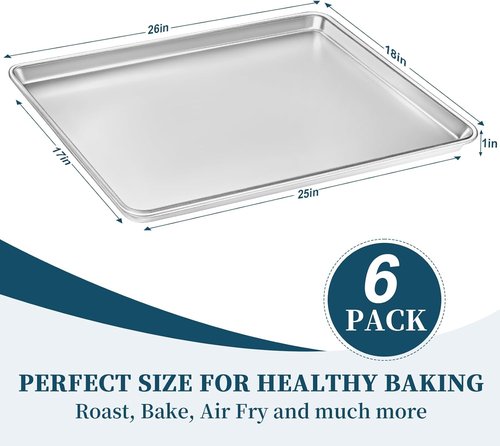 Bastwe Baking Sheet Pan - Full Size Commercial Quality Aluminum Cookie Tray | 26 x 18 Inch, 6 Pack