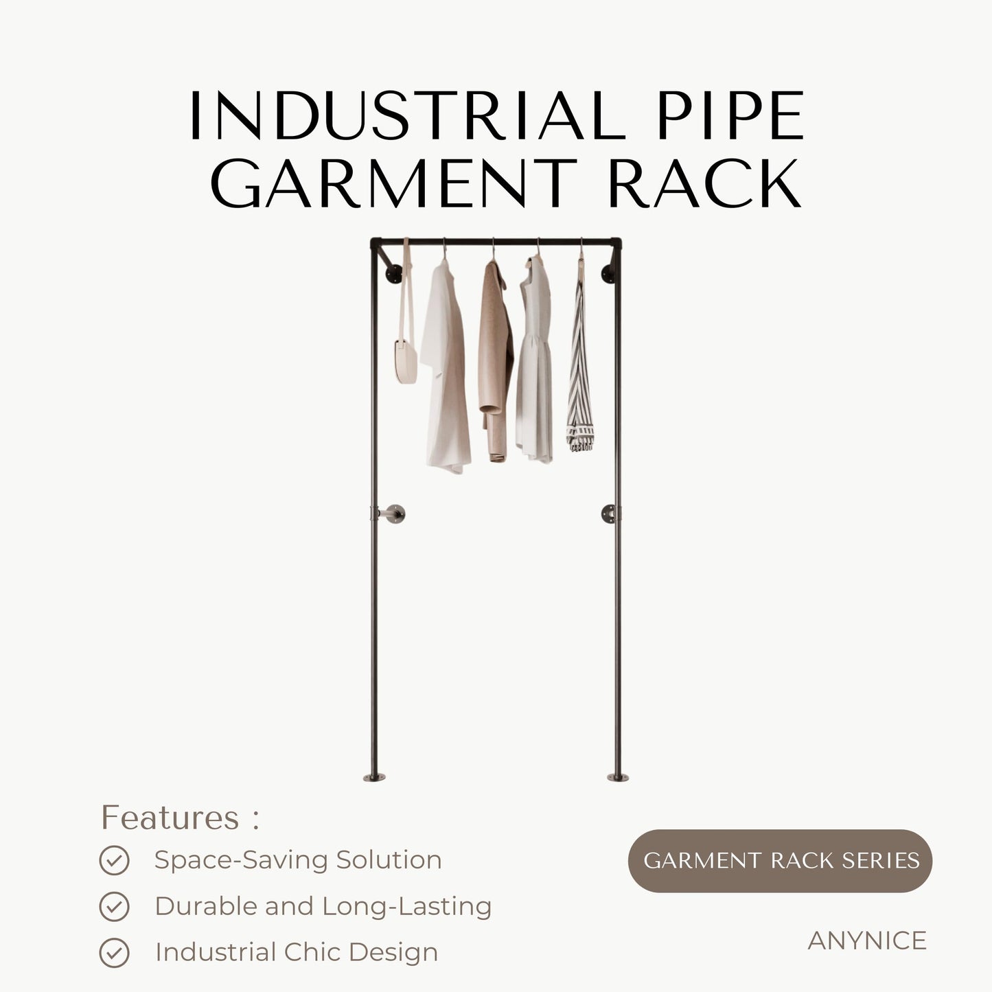 Anynice Black Industrial Pipe Clothing Rack 37.4" W Wall Mounted, Heavy Duty Iron Garment Rack 150 lbs per Rod, Open Closet Organizer for Bedroom Laundry Room Retail Display