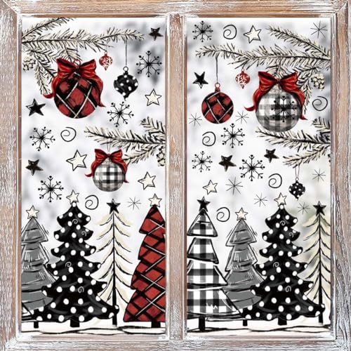 Horaldaily 123 PCS Christmas Window Cling Sticker, Black Red Xmas Tree Snow for Home Party Supplies Shop Window Glass Display Decoration