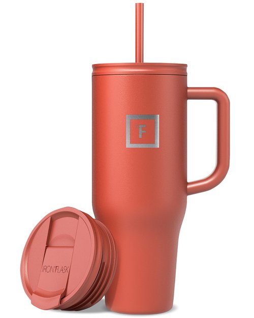 IRON °FLASK Co-Pilot Insulated Mug w/Straw & Flip Cap Lids - Cup Holder Bottle for Hot, Cold Drink - Leak-Proof- Water, Coffee Portable Travel Tumbler - Rusty Red, 40 Oz