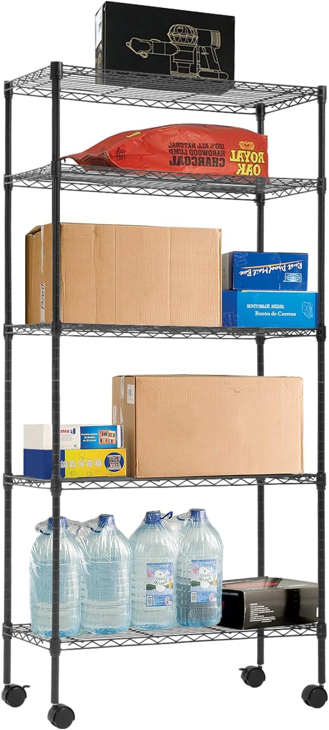 PayLessHere 5-Tier Wire Shelf with Wheels - Adjustable Heavy-Duty Storage Rack | Black | 14"x30"x60" | Rust-Resistant, Easy No-Tool Assembly