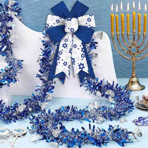 2 PCS Hanukkah Wreath Bows Chanukah Star of David Royal Blue White Ribbon Bows for Wreath, Medium Tree Topper Bows for Jewish New Year Party Home Indoor Outdoor Decoration Wreath Ornament Supplies