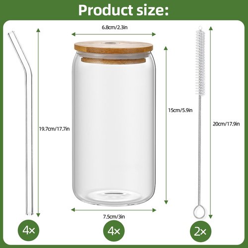 BELICOO 4PCS Glass Cups with Lids and Straws, 17oz Drinking Glasses with Bamboo Lids and Glass Straw, Ice Coffee Cups Glasses Set for Beer, Cocktail, Tea, Coke, Juice, Soda