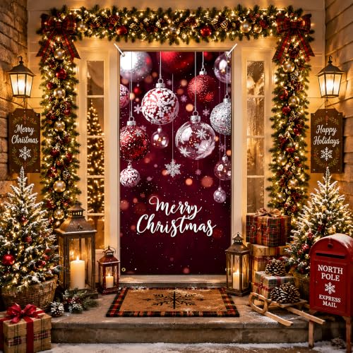 KKYEJLQYI Merry Christmas Door Banner 35x71 Burgundy Glitter Snowflake, Indoor Outdoor Xmas Decor - Merry Christmas-8