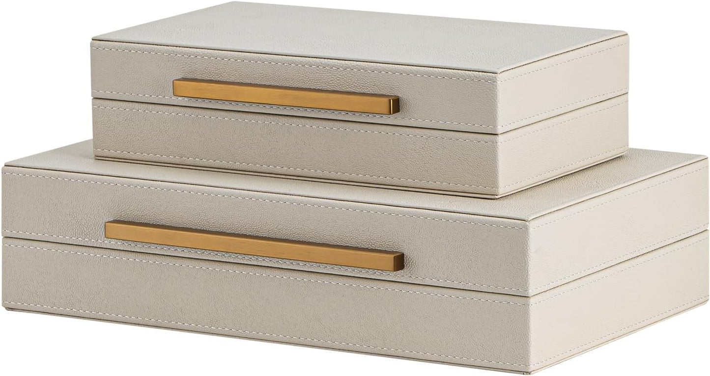 Skiennix Set of 2 Beige Shagreen Decorative Storage Boxes - Faux Leather Jewelry & Memory Organizers