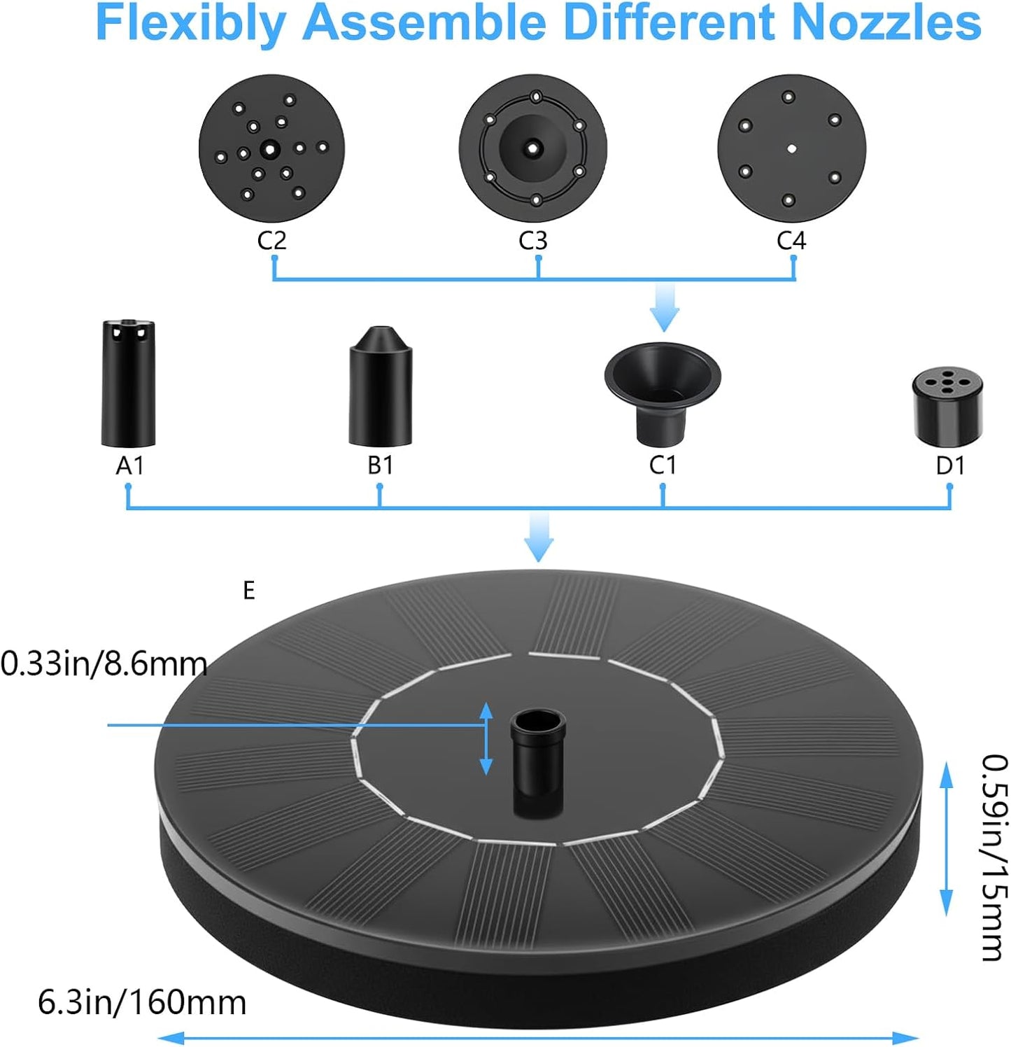 Skiennix Solar Fountain - Floating Water Pump with 6 Nozzles & 4 Fixed Pipes for Bird Baths, Gardens, Ponds, Pools