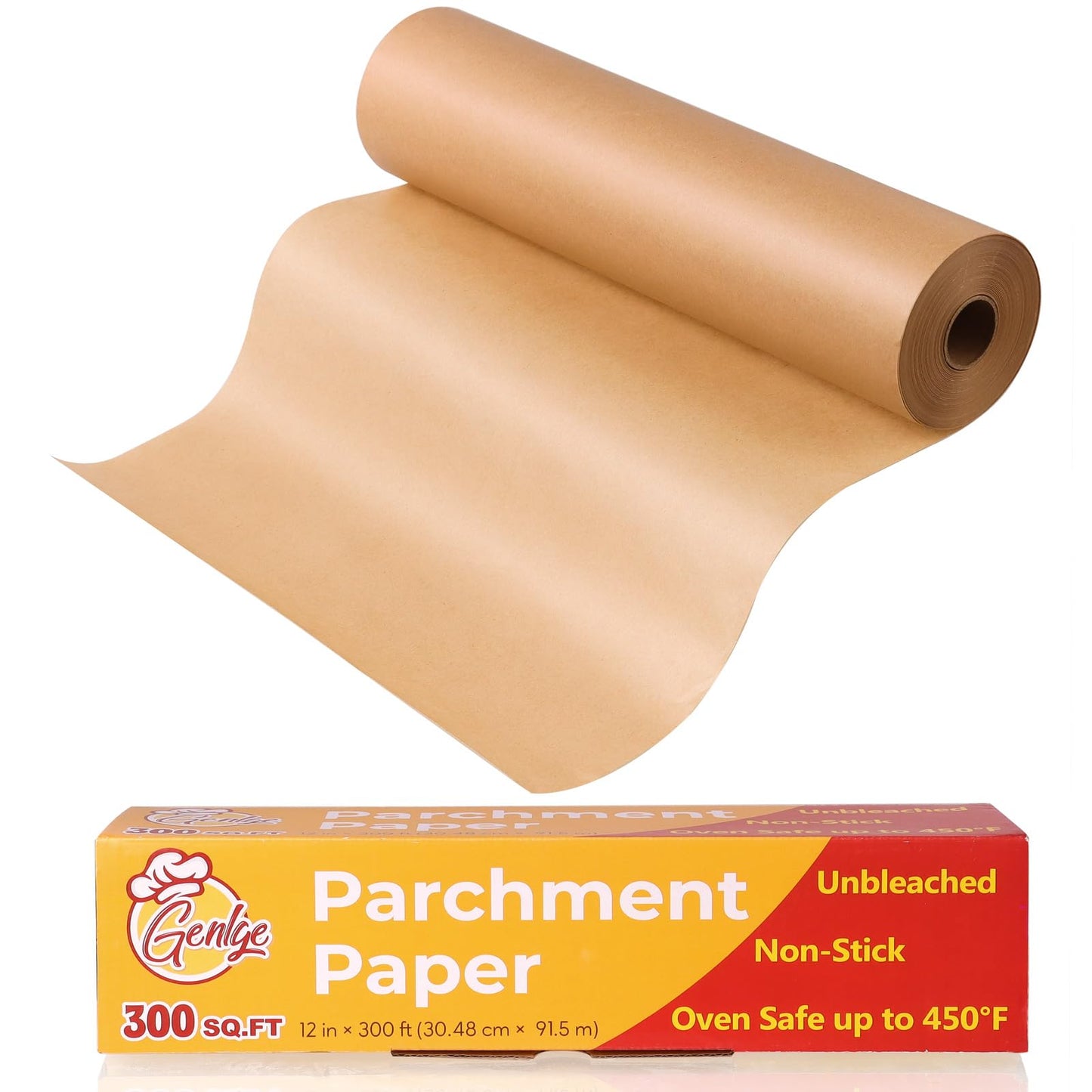 GENLGE 300 Sq. Ft Unbleached Parchment Paper Roll – 12" x 300 ft, Non-Stick Brown Baking Parchment Paper, Heavy Duty for Oven, Air Fryer & Grilling