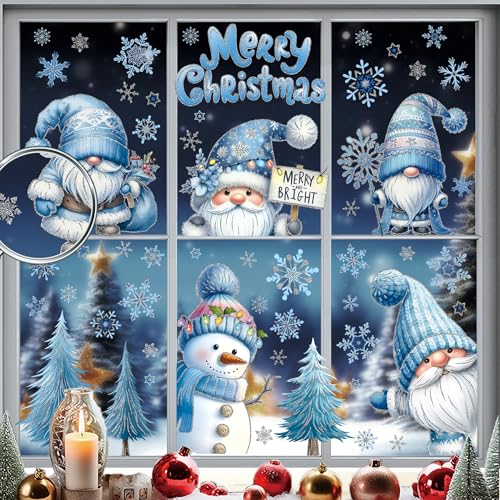 Christmas Gnome Window Clings – 9pk Blue Snowman Stickers for Glass & Mirrors