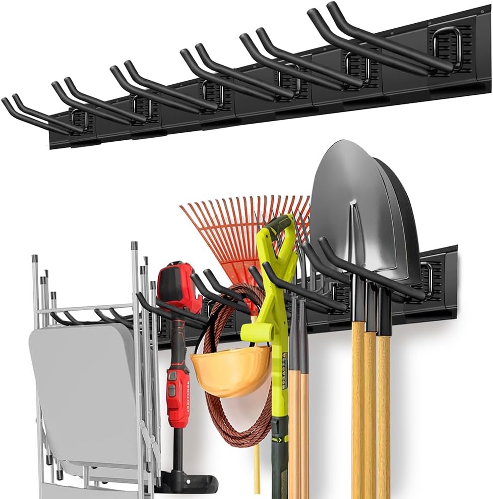 PIYILO Garage Wall Organizer - Heavy Duty Tool Rack with 48-Inch Rails & 6 Hooks | Max Load 360 LBS