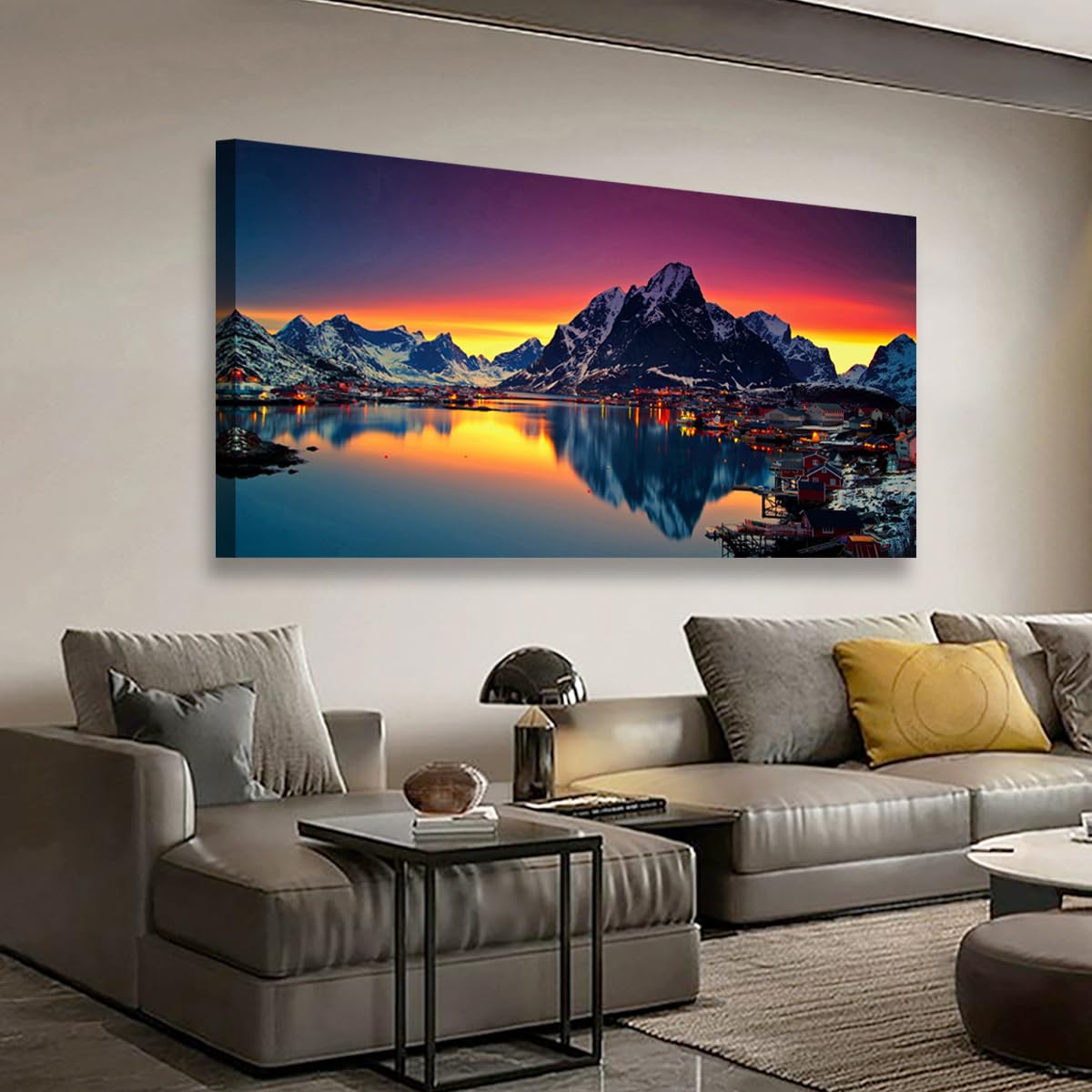 Lofoten Islands Norway Canvas Wall Art - 40"x20" Snowy Mountain Fjord Village Sunset Landscape Print, Waterproof Modern Wall Decor for Living Room Bedroom Office, Ready to Hang