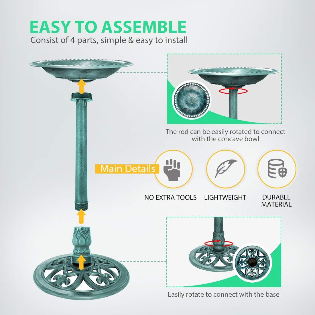VIVOHOME Bird Bath - Weather-Resistant Outdoor Pedestal Design | 28-Inch Height, 20-Inch Bowl, Green