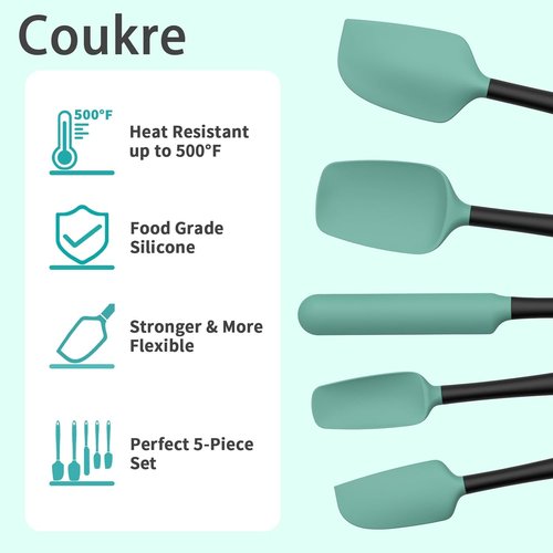 Coukre Silicone Spatula Set - High-Temperature Resistant, Food Grade, Dishwasher Safe | 5-Piece Aqua Green