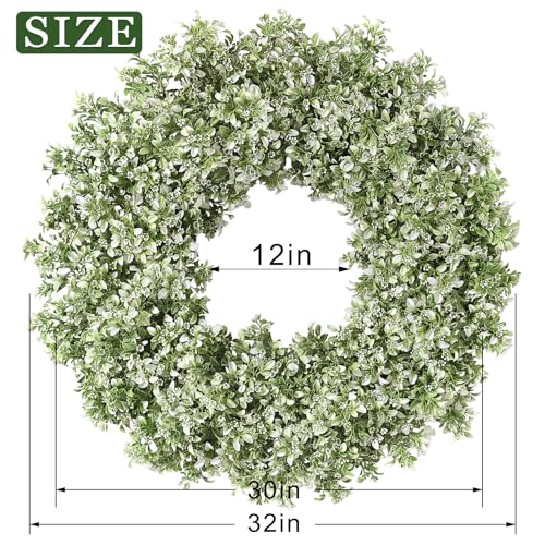 Large Artificial Boxwood Wreath for Front Door Decoration 32-Inch White-Green - All Year Round