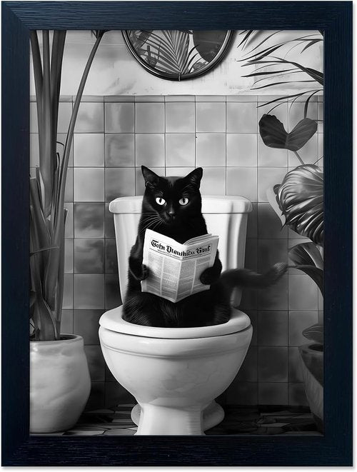 Funny Black Cat Bathroom Wall Art - Humorous Framed Canvas Print | Black and White Decor