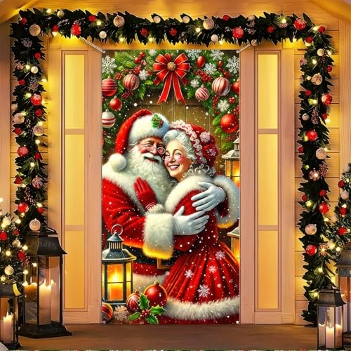 Christmas Door Cover Decoration - Santa & Mrs. Claus Backdrop, 71 x 35 Inch Hanging Cover, Funny Santa Banner for Christmas Party, New Year Photo Booth, and Holiday Decor