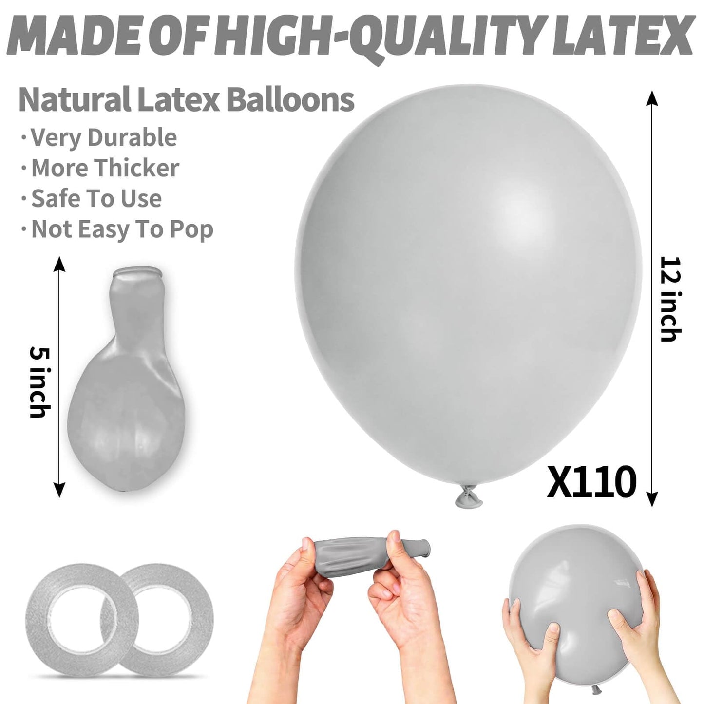 110pcs Grey Balloon 12 inch, Grey Latex Balloons for Birthday Party Baby Shower Wedding(with 2 Ribbons).