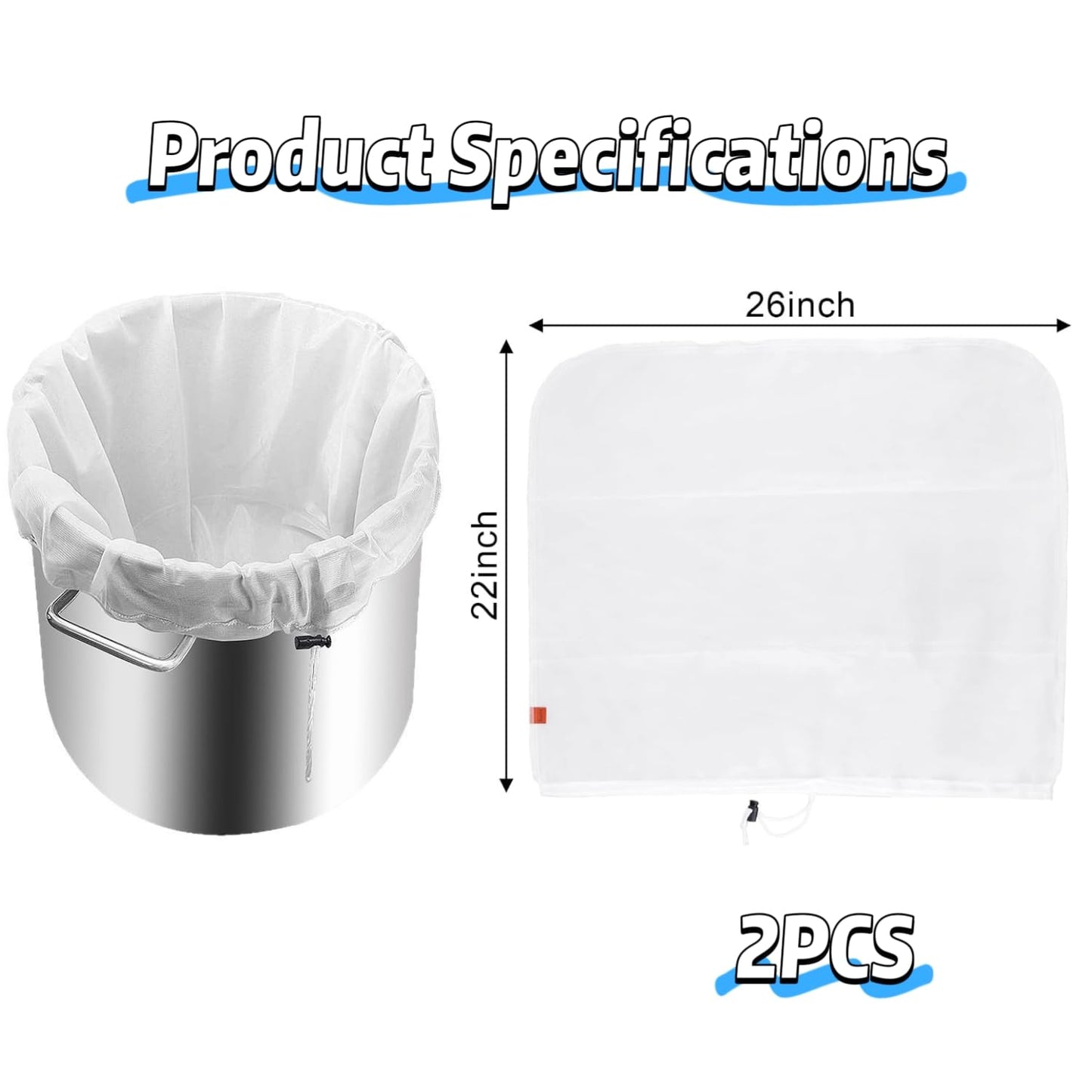Brew Bags, 2 Pack Extra Large Reusable Straining Bag, 26"x22"Strainer Bag with Adjustable Drawstring for Brewing Grains Fruit Wine Beer Making Brew in a Bag Supplies