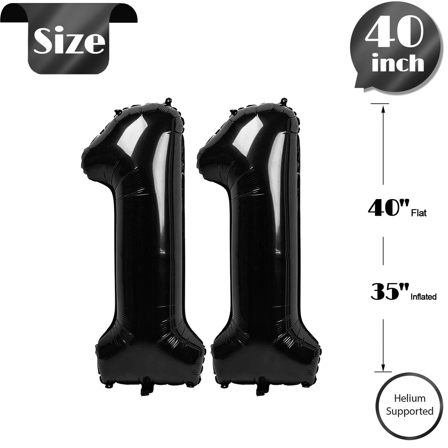 Black Number 11 Balloon 40 inch, 11 Number Balloons, 11th Black Birthday Decorations, 11 Year Old Girls Boys Party Supplies
