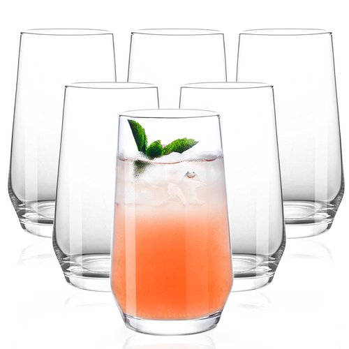 Ftystall Drinking Glasses Set of 6, 16.4oz Highball Glasses, Crystal Clear Tall Water Glasses, Glass Cups for Cocktail, Juice, Iced Tea, Mojito and Smoothies, Clear Glassware Set, Gifts