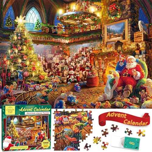 Advent Calendar 2025 Christmas Puzzle - Santa's Workshop, 1008 Pieces 24 Days of Christmas Countdown Advent Calendar Puzzle, Christmas Decor Ideas Jigsaw Puzzles for Adults Kids
