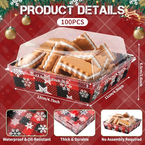 Potchen 100 Pack Christmas Bakery Boxes with Clear Lids - Red & Black Snowflakes