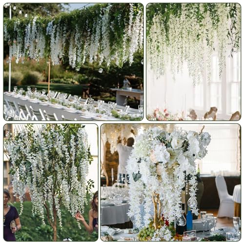 Artificial White Wisteria Hanging Flowers 12-Pack - Decorative Faux Vines for Wedding and Party Decor
