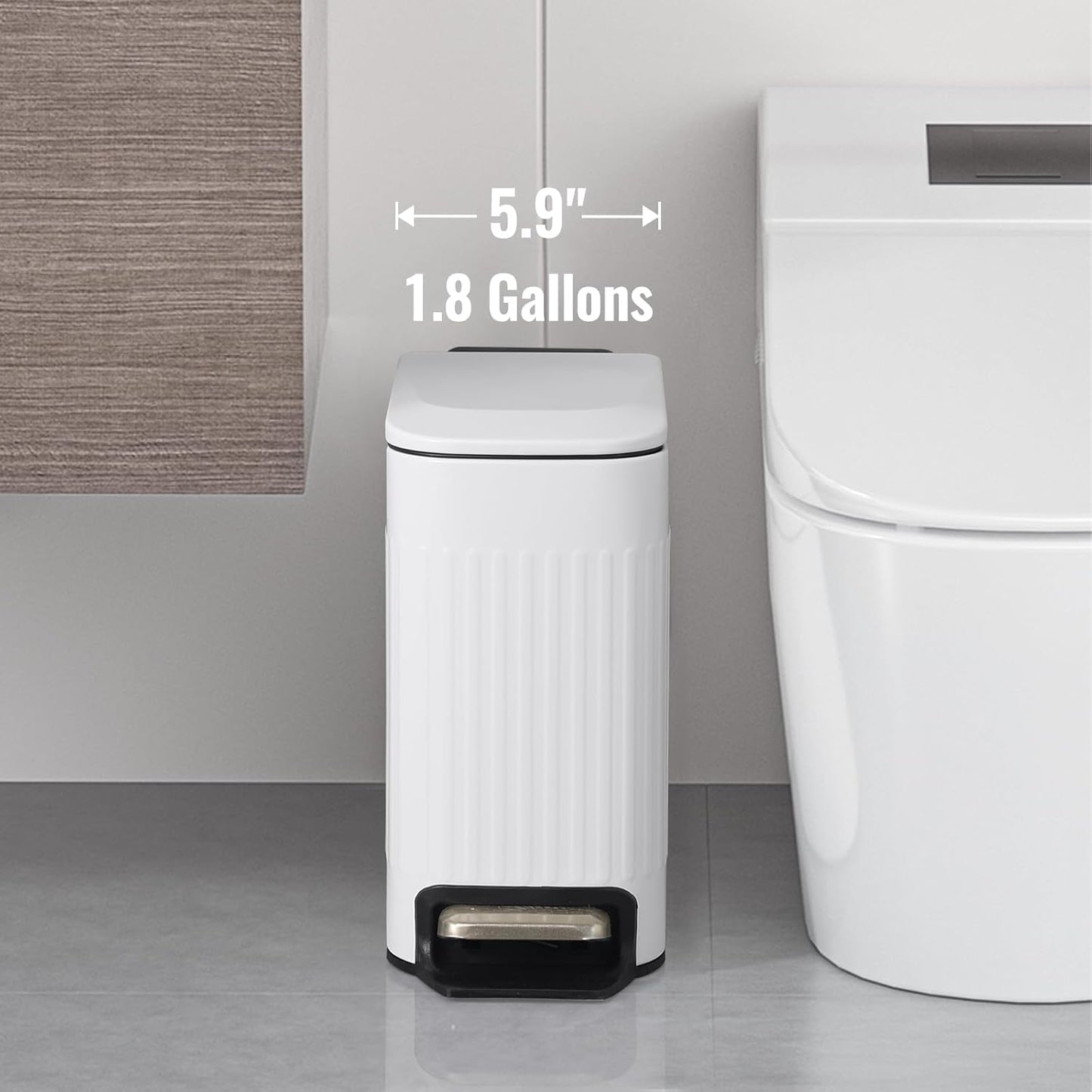 SYNCVIBE Slim Bathroom Trash Can - Soft Close Stainless Steel Step Bin with Removable Inner Bucket | Matt White, 1.8 Gallons