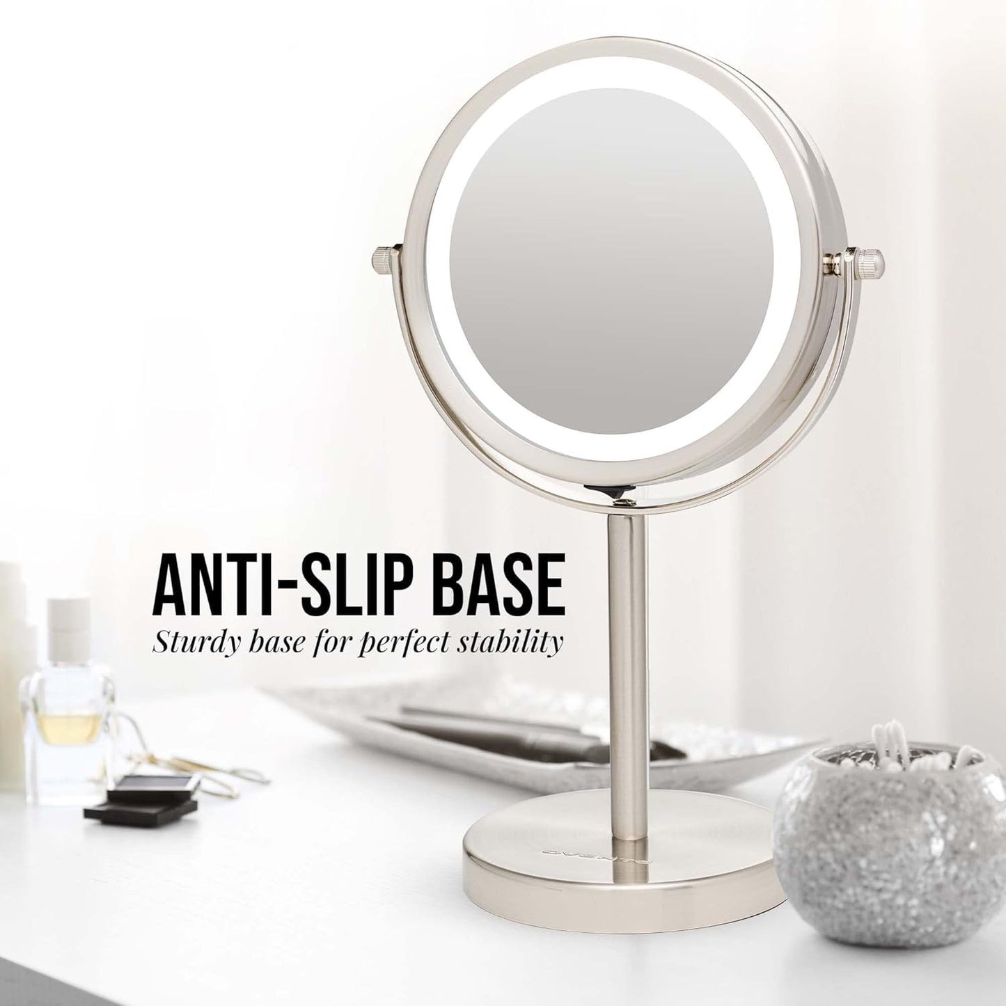 OVENTE 6" Lighted Makeup Mirror with 1X/7X Magnification, Cordless Tabletop Mount Vanity Round Mirror with 360° Swivel Design and Double Sided Cool Tone LED Ring Light, Nickel Brushed MLT60BR1X7X