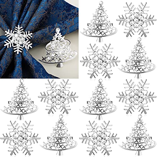 Patelai 12 Pcs Silver Napkin Rings Set – Snowflake & Christmas Tree Metal with Rhinestones