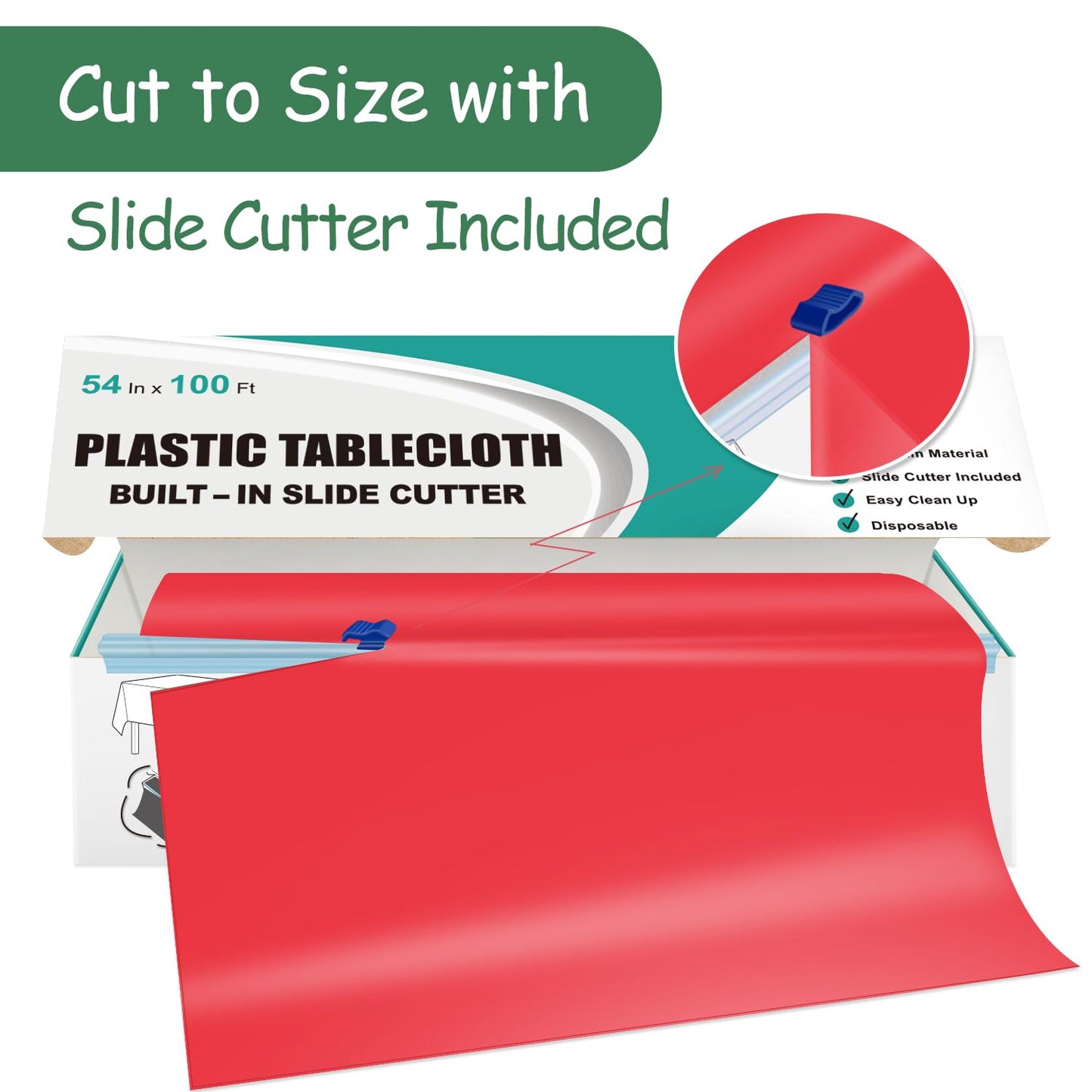 Kongdaoth 54" X 100' Plastic Tablecloth Roll Red Disposable Plastic Table Cover with Cutter Box, Disposable Table Cloth for Parties