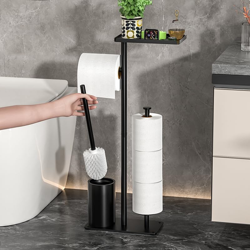 Skiennix Modern Bathroom Toilet Paper Stand - Black Metal Holder with Storage Shelf for 3 Mega Rolls | 24x12x60 Inches