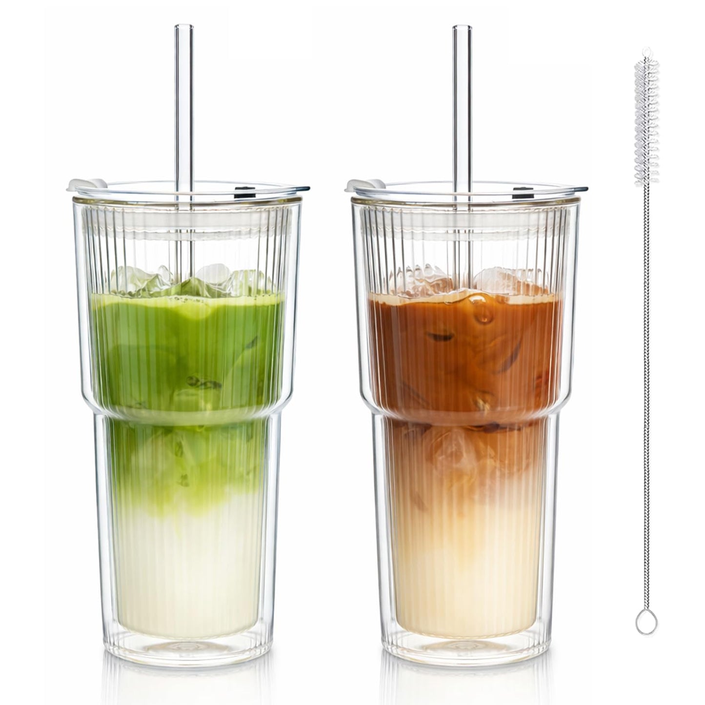 KEMORELA Iced Coffee Cups with Lids 20oz Ribbed Double Wall Glass Cups with Lids and Straws 2PCS, Coffee Bar Accessories， Insulated Borosilicate Glass Tumblers, To Go Coffee Cups, Spill proof tumbler