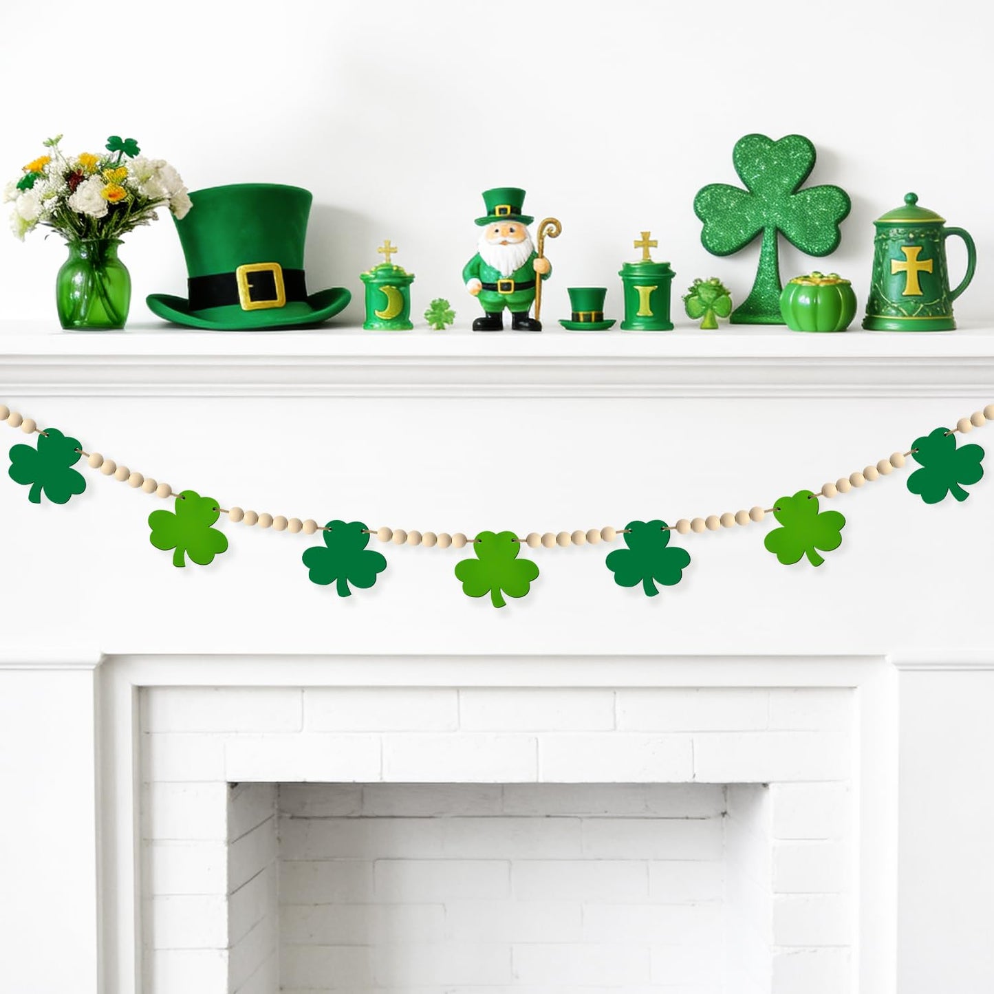 St Patricks Day Decorations St Patricks Day Decor Pre-Assembled Irish Wooden Beads Shamrock Garland Decorations for Mantel Wall Decor March Celebration Home Party Birthday