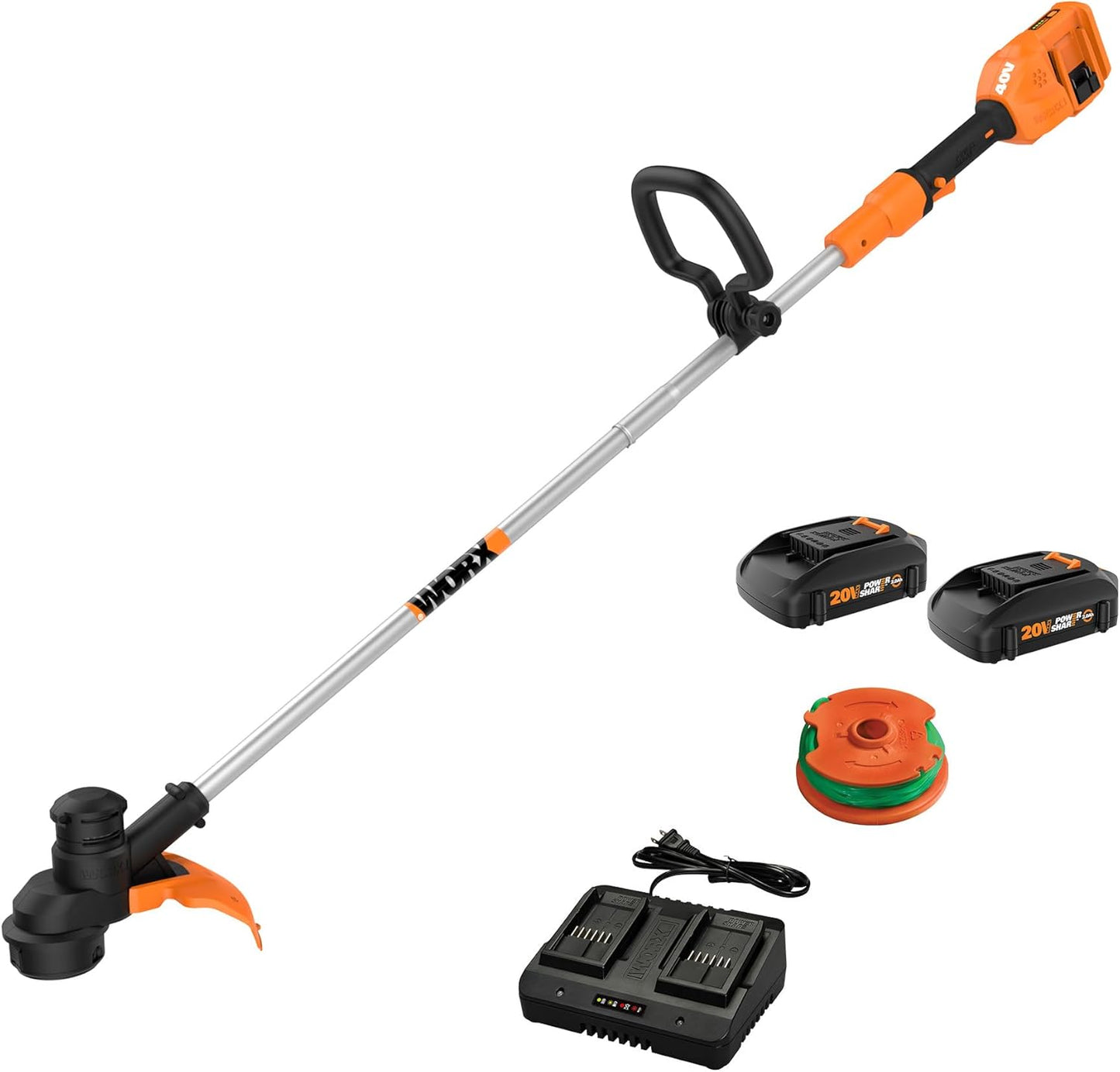WORX 13'' Cordless String Trimmer - 40V Electric Weed Eater with Dual-Exit Cutting Head & 2 Batteries