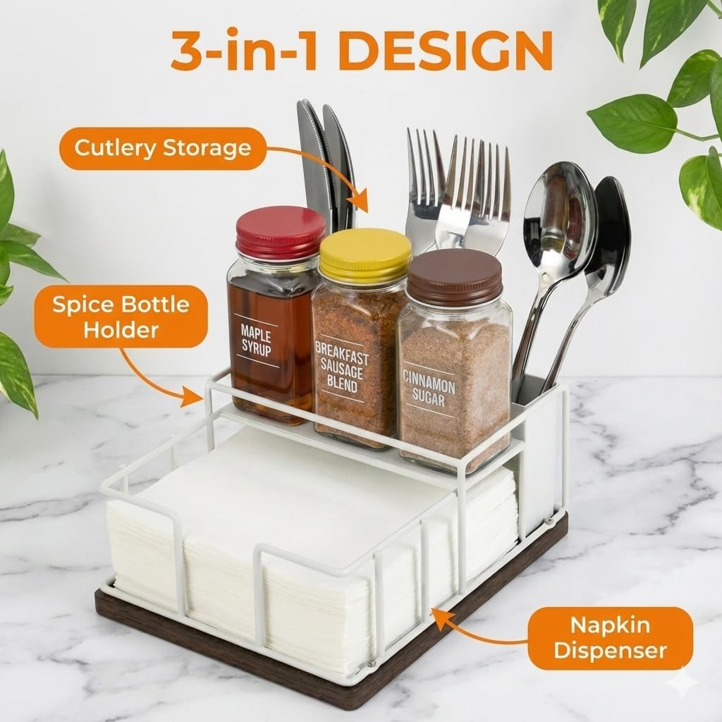 Wood & Metal Napkin Holder by [Brand Name] - 3-in-1 Utensil Caddy & Spice Rack for Kitchen & Patio (White)